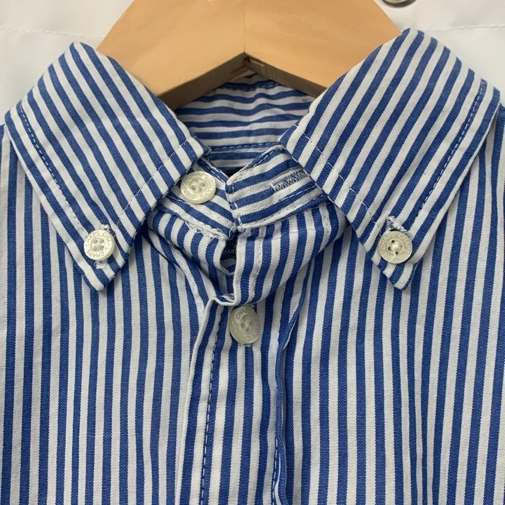 Boys Chaps Blue & White Striped Long Sleeve Button Down Shirt Size 7 EUC